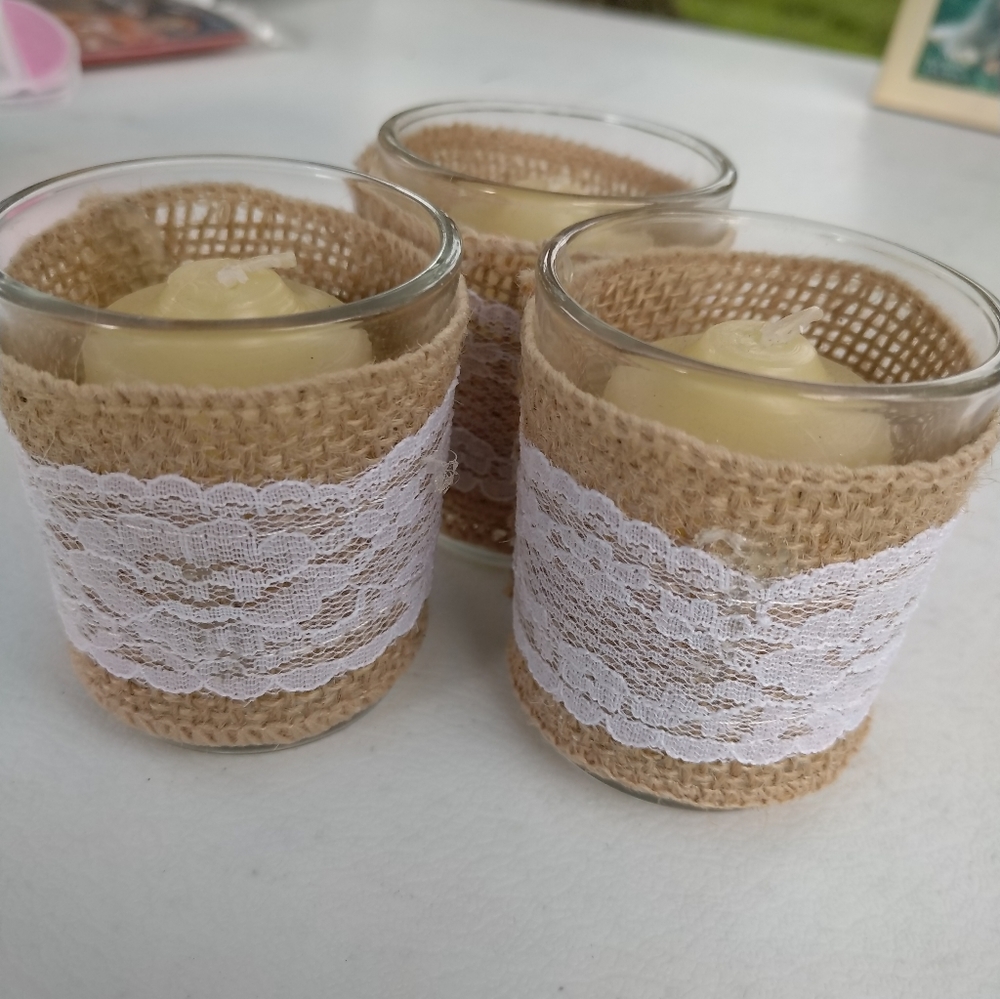 3 rustic/burlap candle holders! (Candles included)